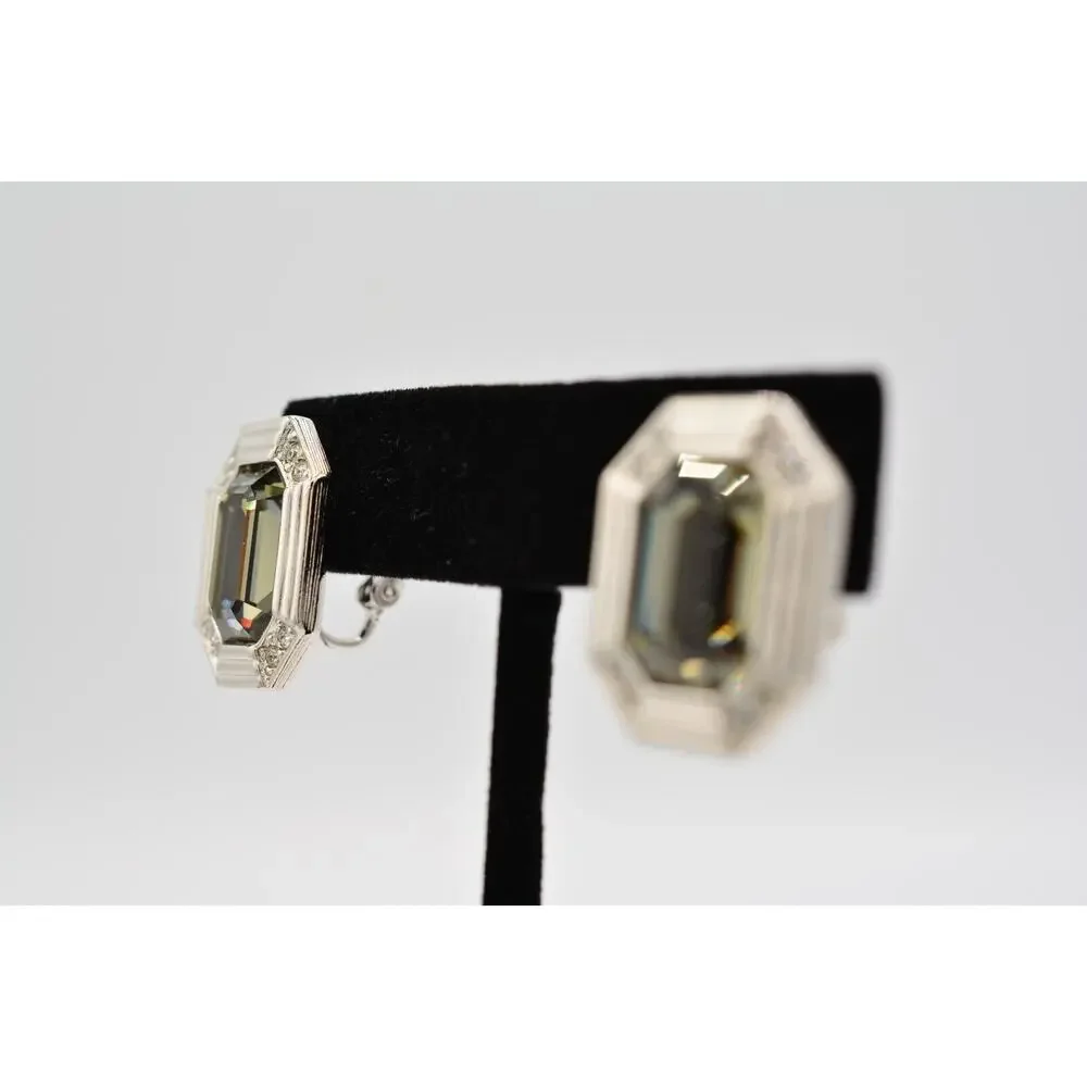 Vintage Crystal Clip On Earrings Chunky Baguette Gray Rhinestone Silver 1980s 9L